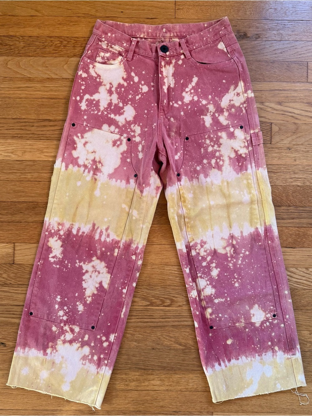 Brain Dead Bleached Tie-Dye Painter Pants in Mauve and Yellow